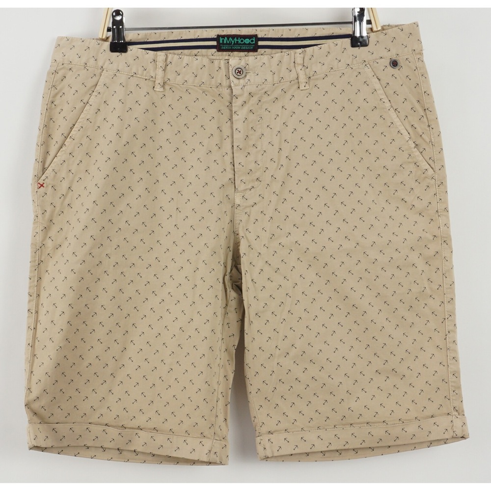 New InMyHood Mens US 38 Beige Black Anchor Print Twill Cotton Flat Bermuda Short